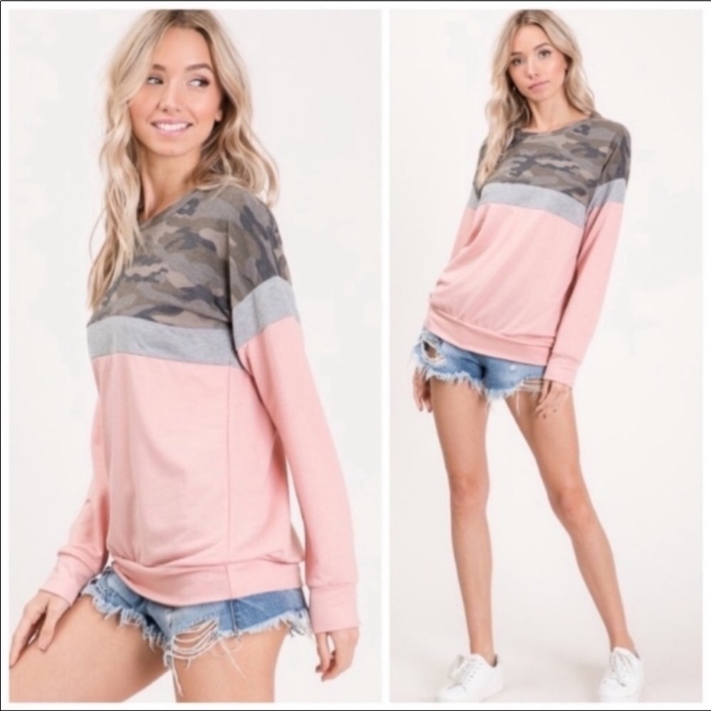 Camo Light Gray & Pink LS Top